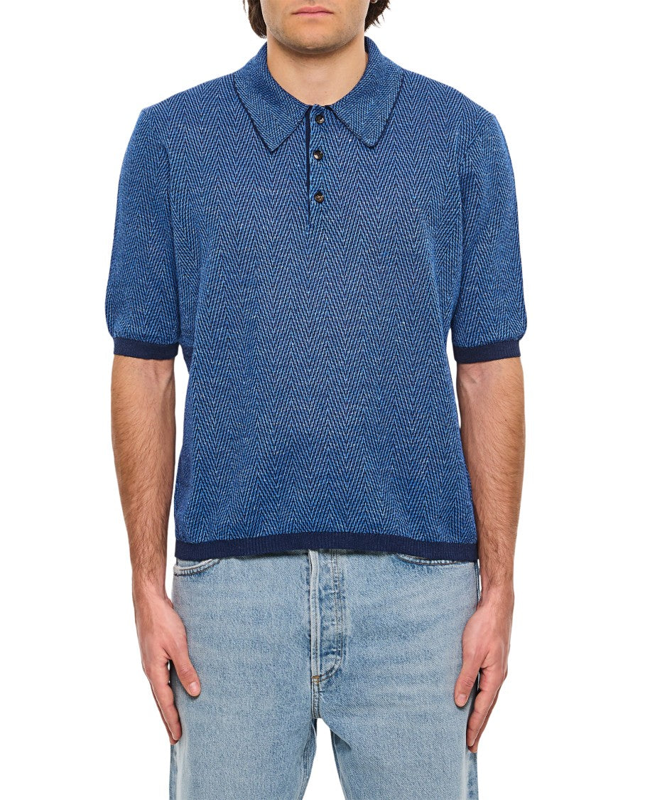 Bottega Veneta Blue Textured Herringbone Polo