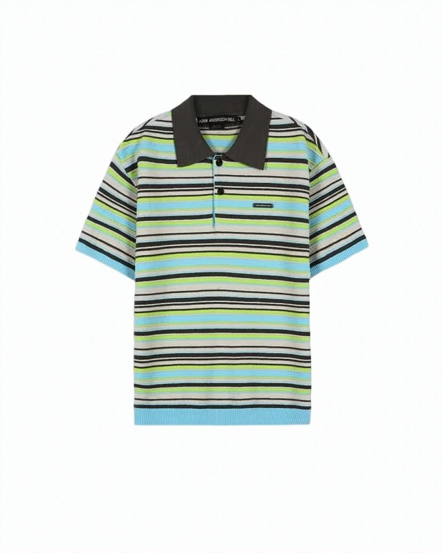 Andersson Bell Short-Sleeved Striped Knit Polo Shirt With Ribbed Detailing
