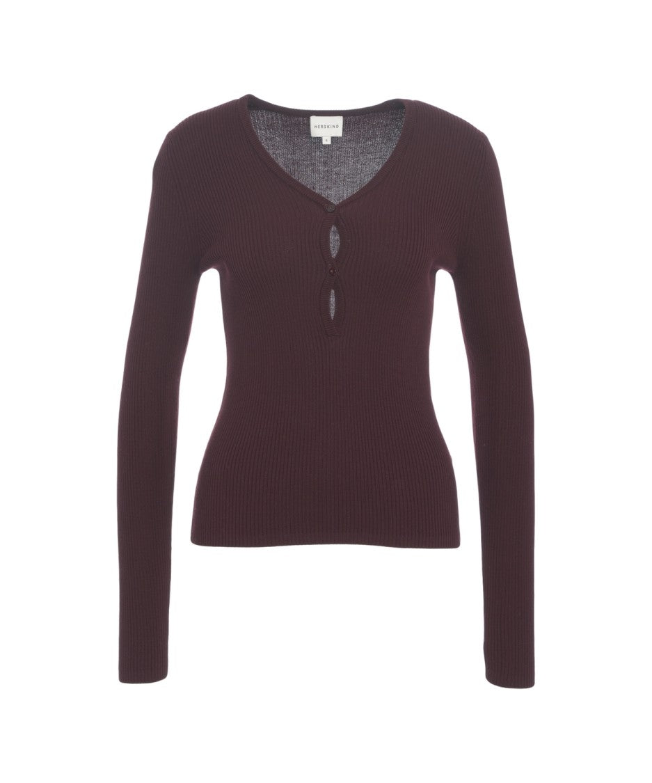 Herskind Ribbed Knit Top With V-Neckline And Button Front