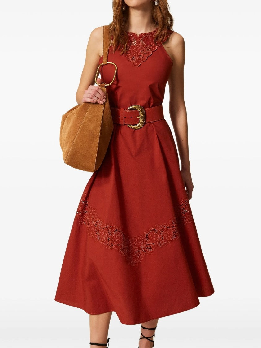 Twin-Set Rust Abito Sleeveless Lace Midi Dress