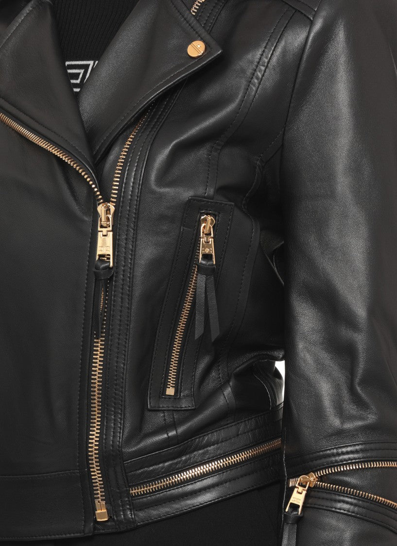Elisabetta Franchi Cropped Black Leather Jacket With Gold Zipper Details