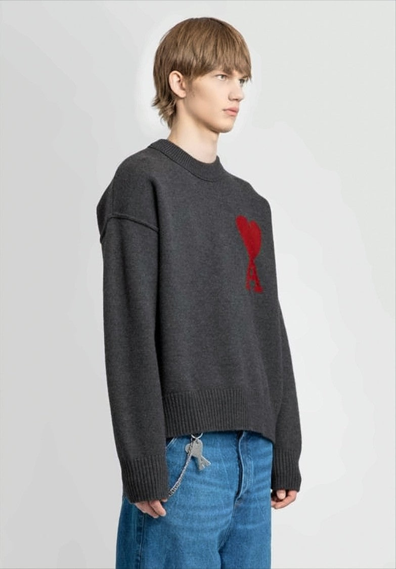 Ami Relaxed Fit Grey Wool Sweater With Heart Emblem