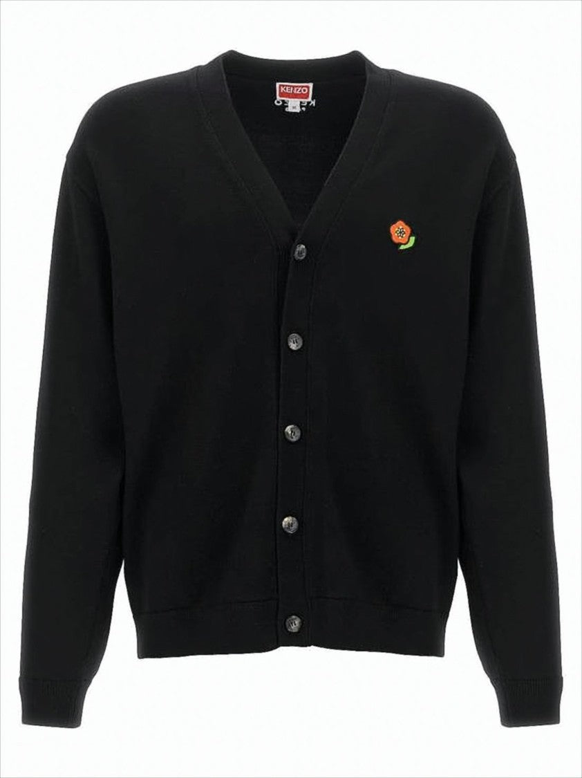 Kenzo Black Wool Cardigan With V-Neckline And Floral Patch