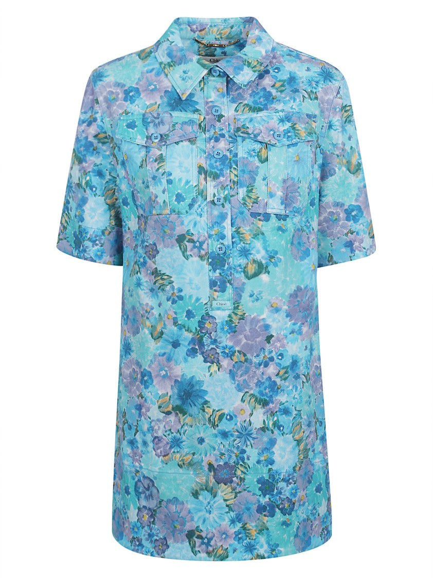 Chloé Mini Polo Dress With Daisy Print And Military Buttons