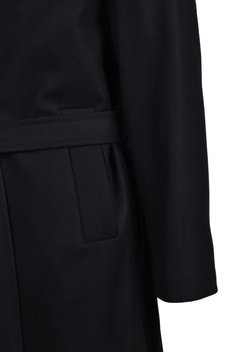 Hevo Mid-Length Black Coat With Self-Tie Belt