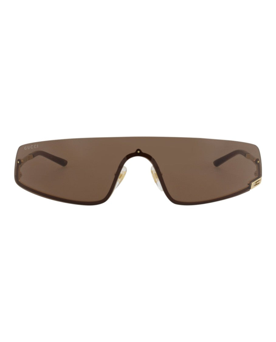 Gucci Shield-Frame Metal Sunglasses With Brown Lens And Velvet Case