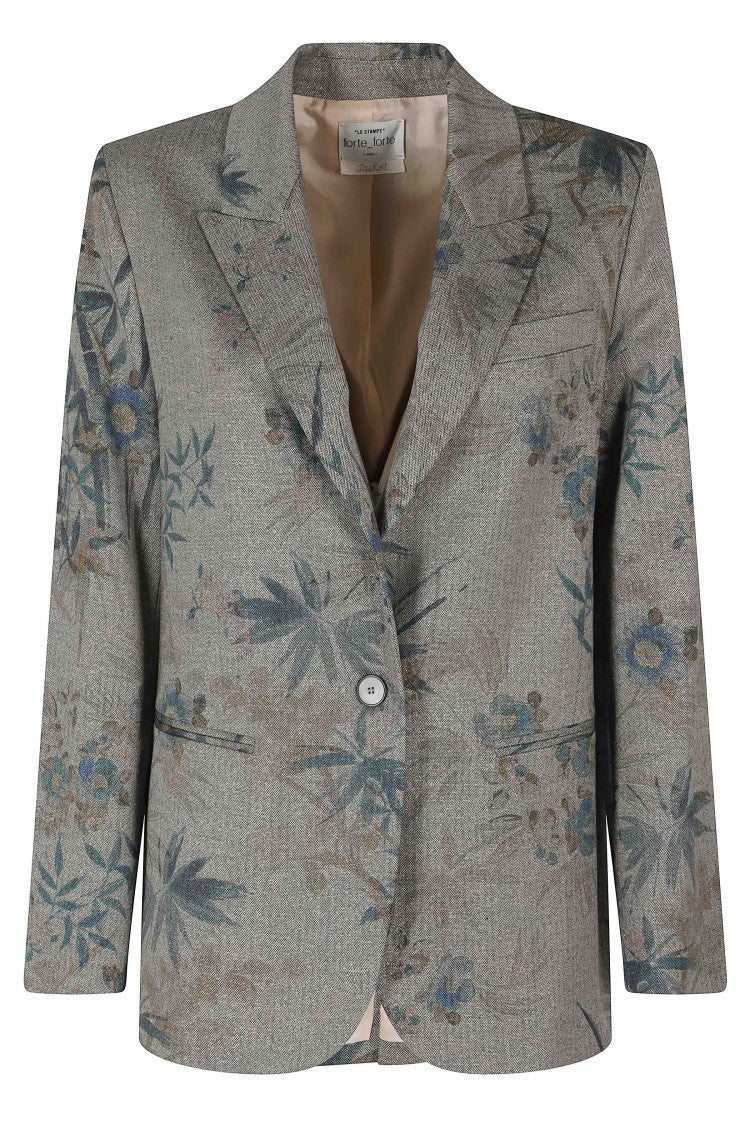 Forte Forte Gray Blue Yellow Chevron Floral Leaf Print Polyester-Blend Blazer