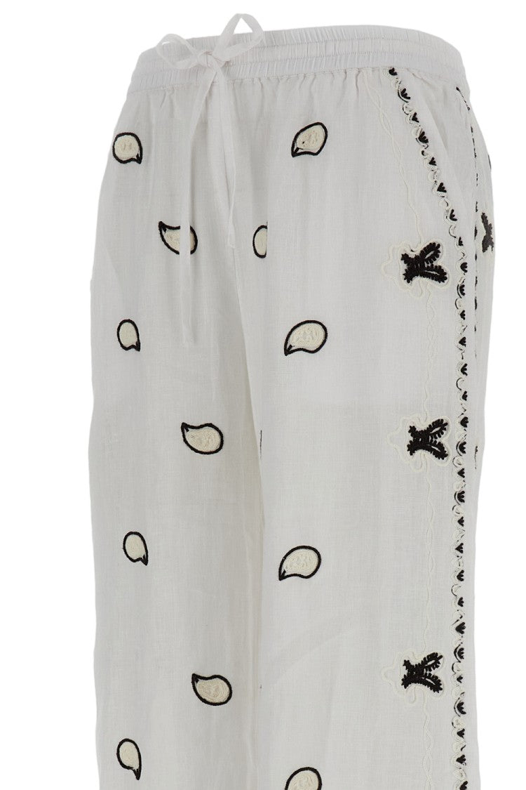 Parosh Wide Leg Linen Trousers With Delicate Embroidery