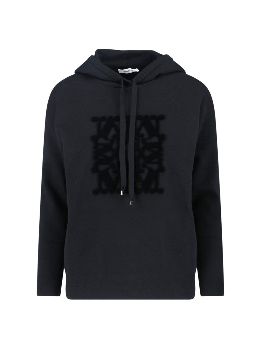 Max Mara Hooded Black Sweater With Textured Logo Detail