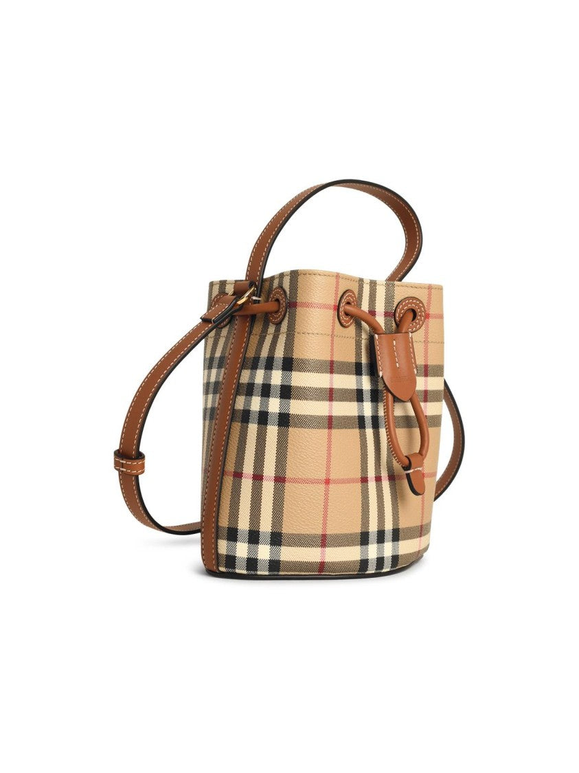 Burberry 'Check' Mini Bucket Bag In Beige Cotton Blend