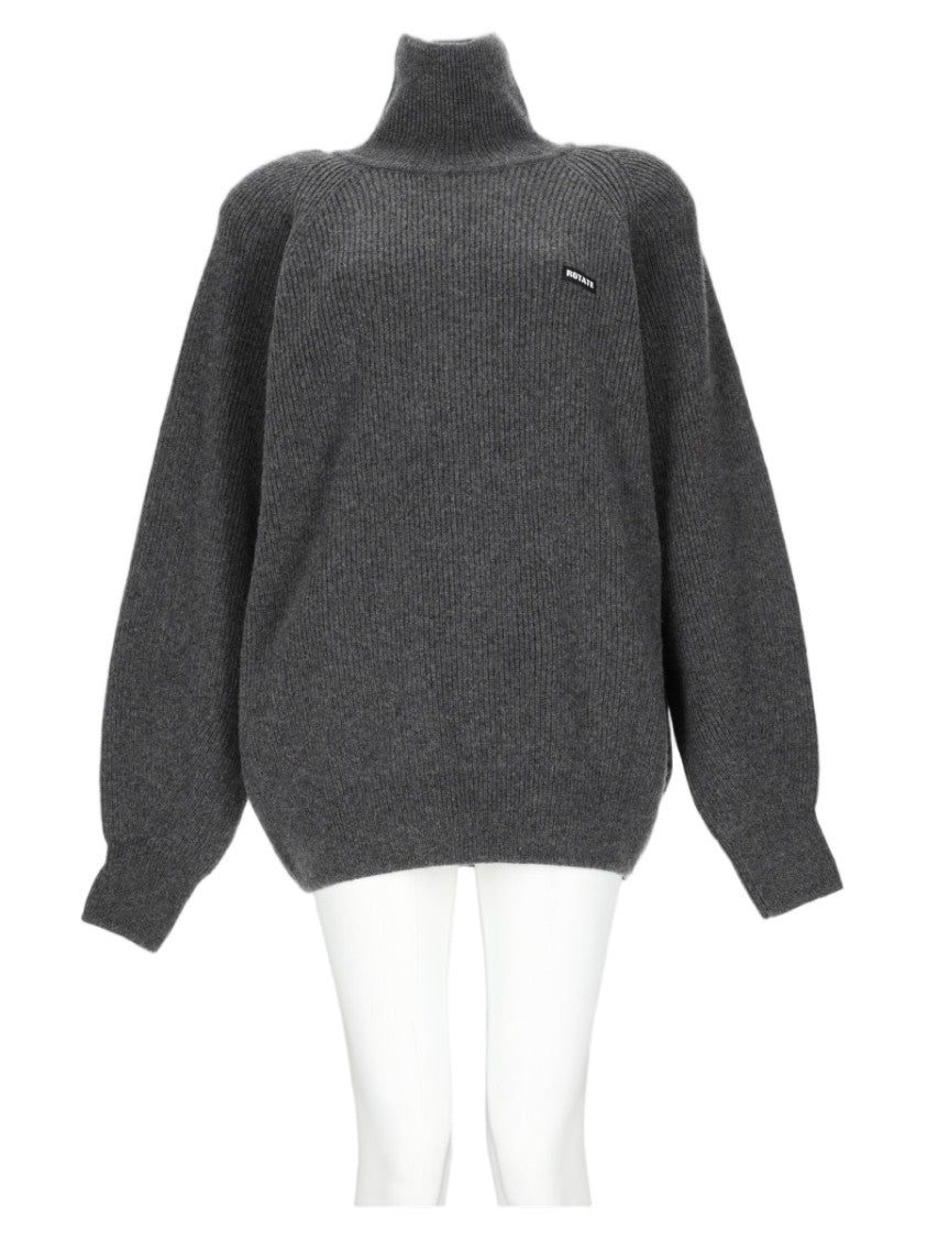 Rotate High Neck Grey Knit Sweater With Oversized Fit