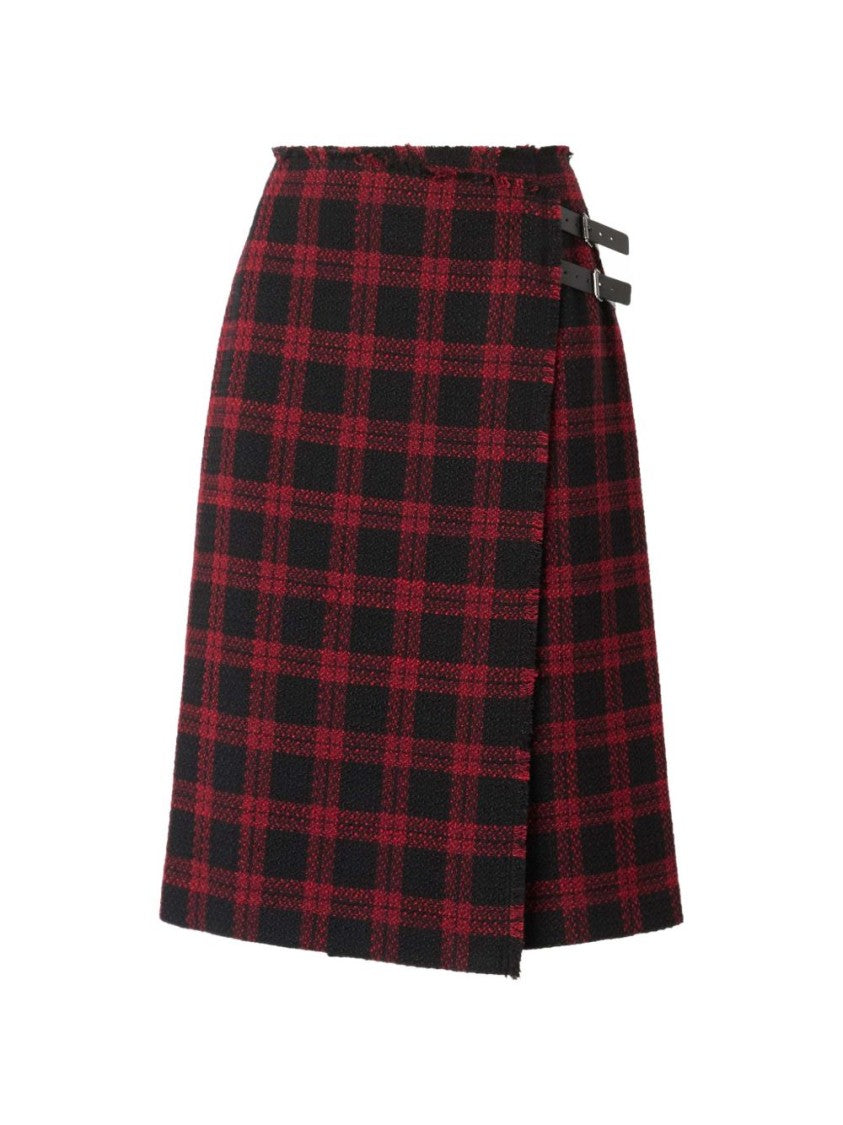 Pinko Multicolor Plaid Wrap Buckle Frayed Skirt