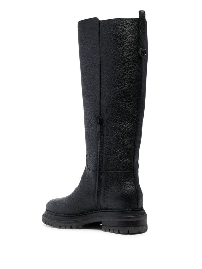 Sergio Rossi Textured Leather Long Boots With Side Zipper And Sturdy Sole