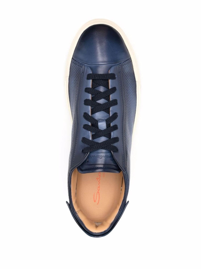 Santoni Perforated Blue Leather Trainers With Rubber Sole