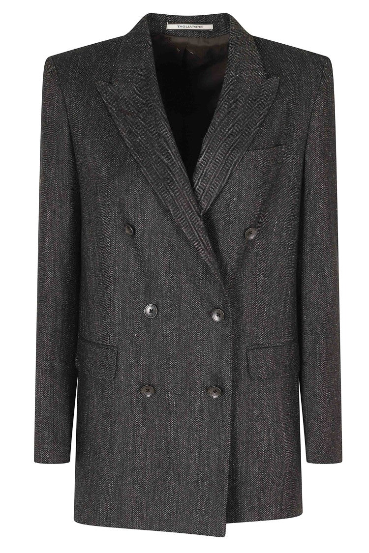 Tagliatore Brown Houndstooth Double-Breasted Wool-Blend Jacket