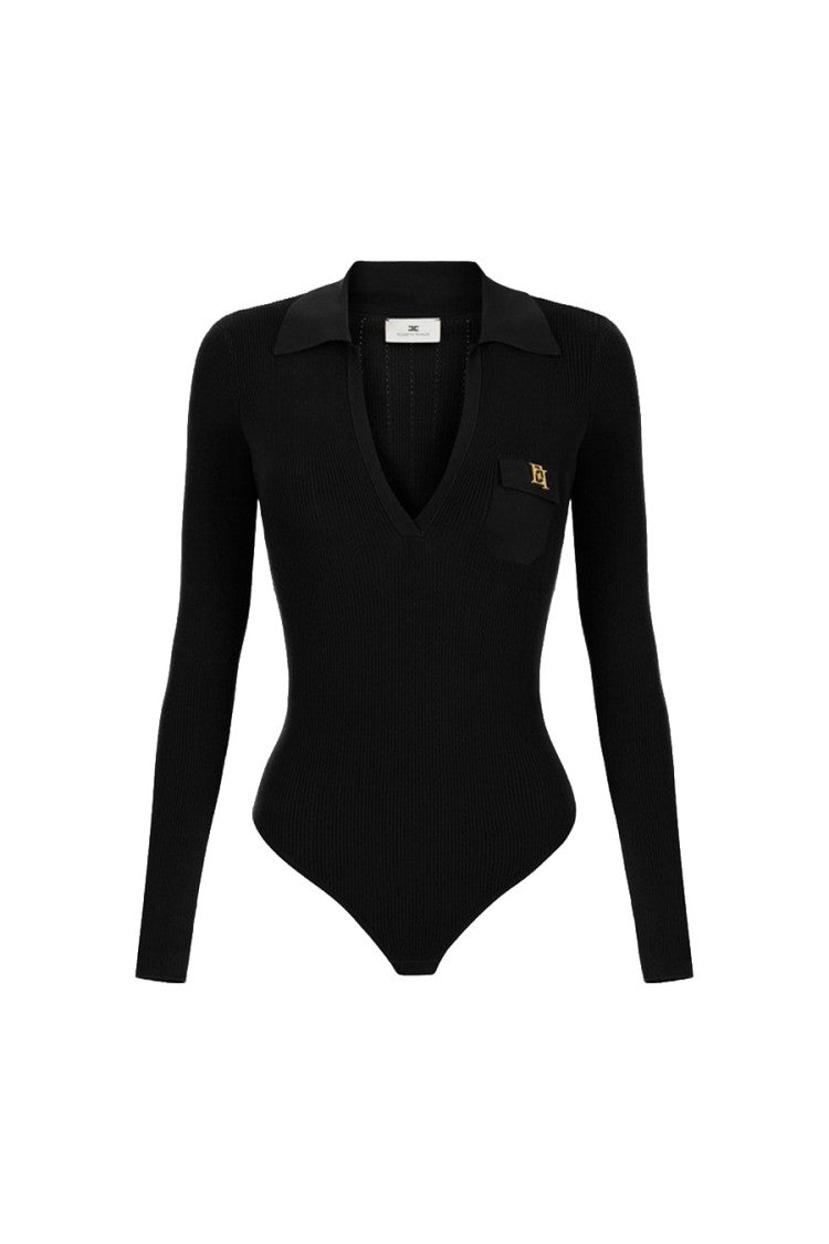 Elisabetta Franchi Black Ribbed V-Neck Lyocell-Blend Bodysuit