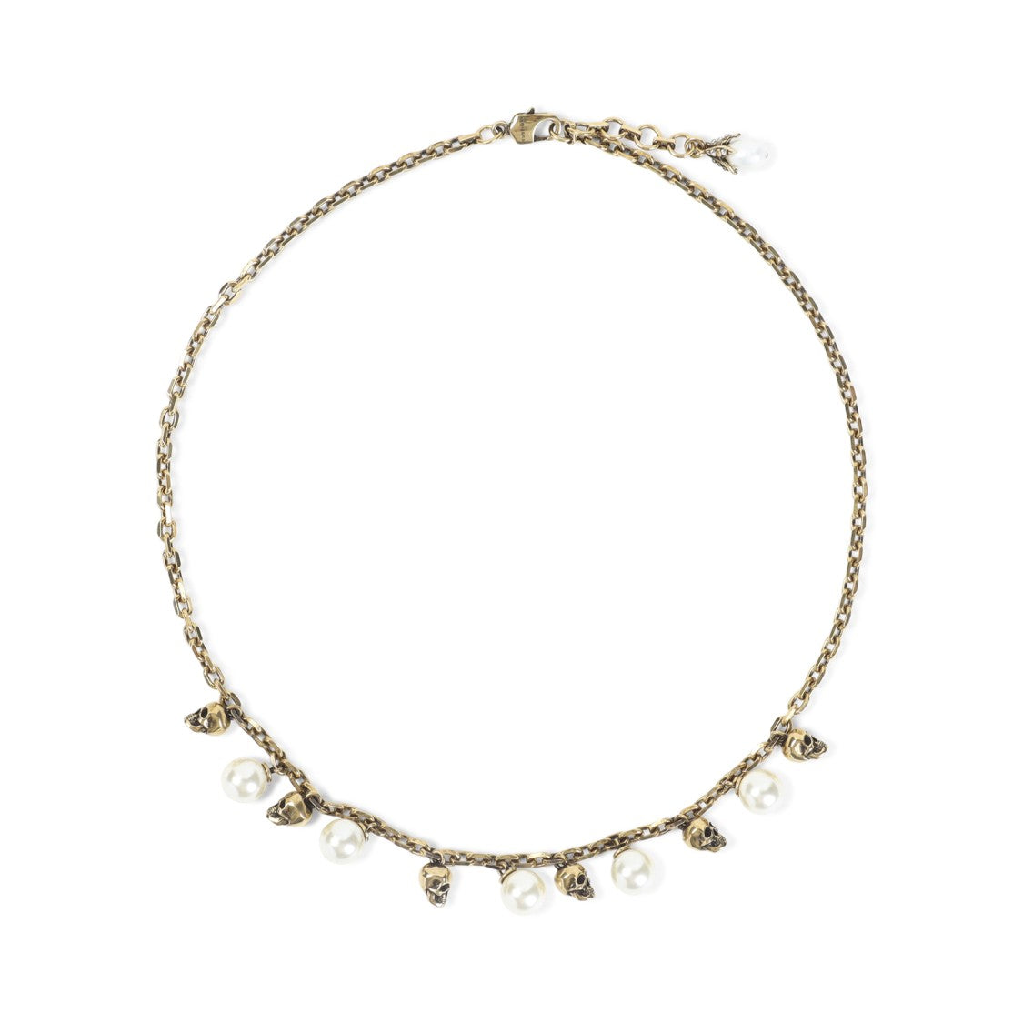 Alexander Mcqueen Brass And Pearl Necklace With Skull Charms