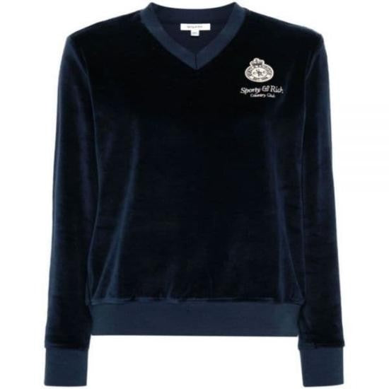 Sporty And Rich Velvety Black Cotton Long-Sleeved V-Neck Sweatshirt