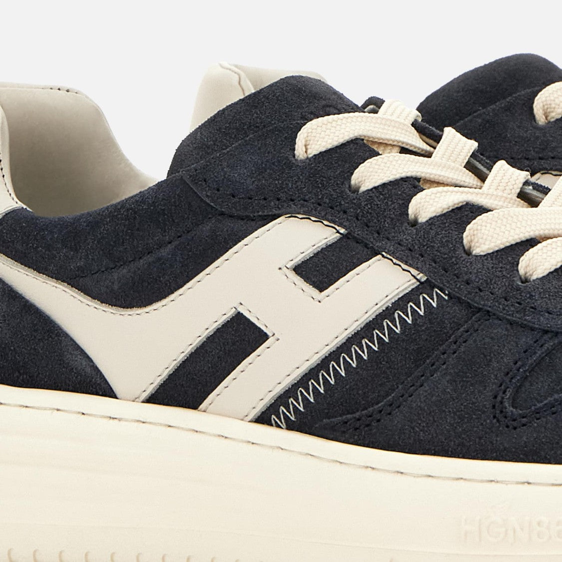 Hogan Lace-Up Navy Calfskin Shoes With Off-White Accents