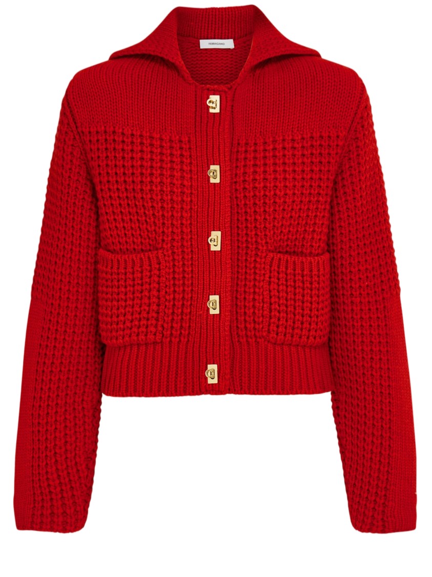 Salvatore Ferragamo Red Gold Button Wool-Blend Cardigan