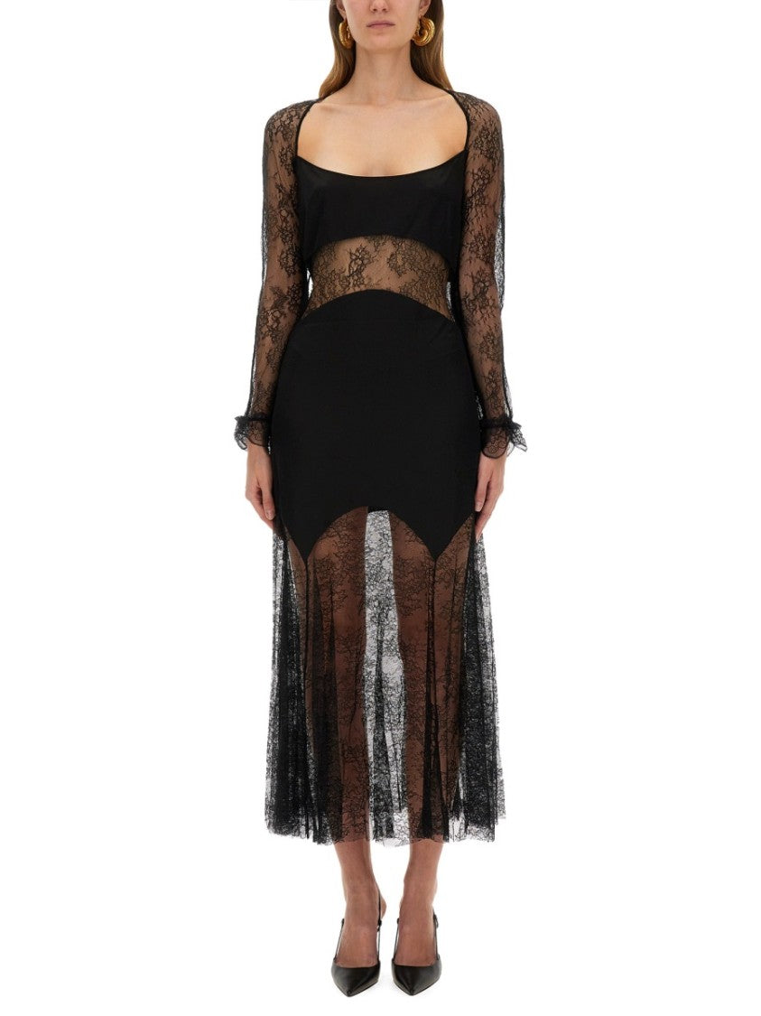 Nina Ricci Intricate Lace Midi Dress With Sheer Sleeves And Open Back Design