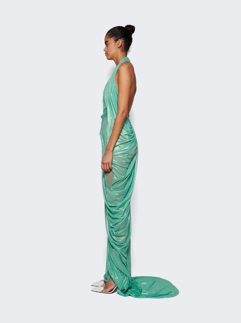 Di Petsa Siren Wetlook Halter Neck Long Dress Metallic Mint Green
