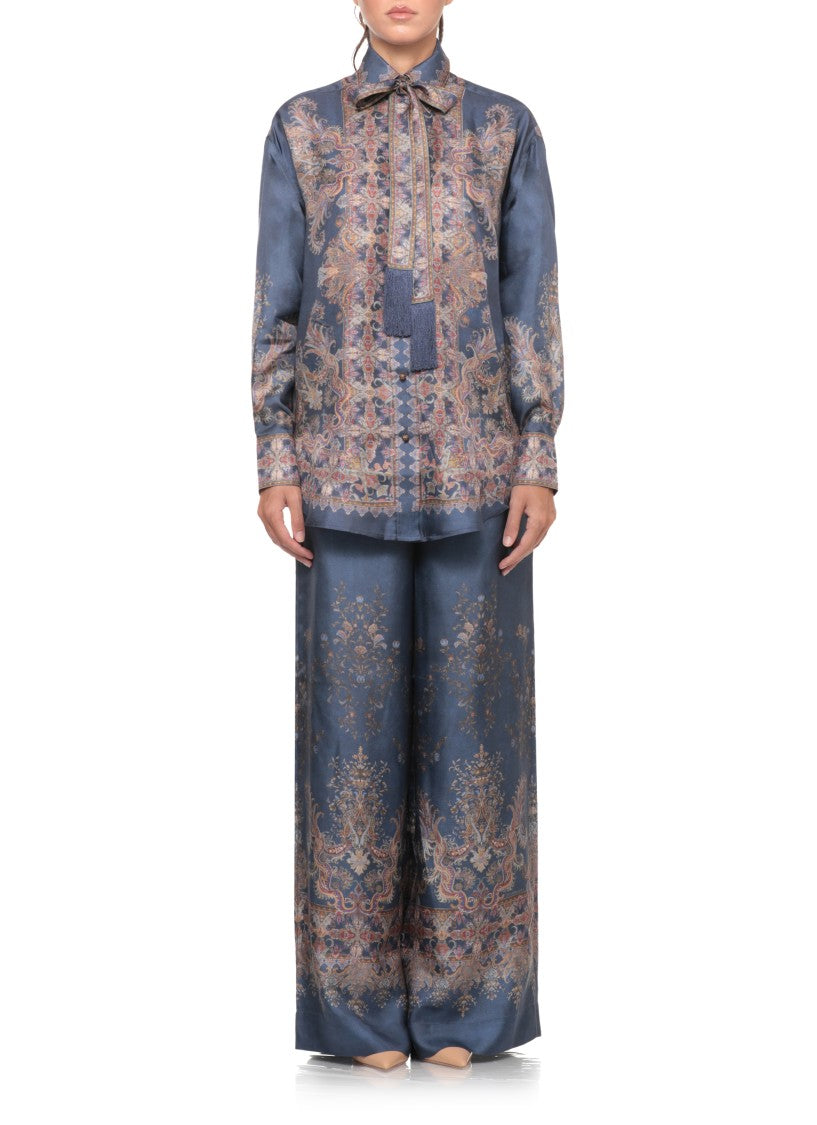 Zimmermann Blue Jeans Bow-Collar Printed Silk Shirt