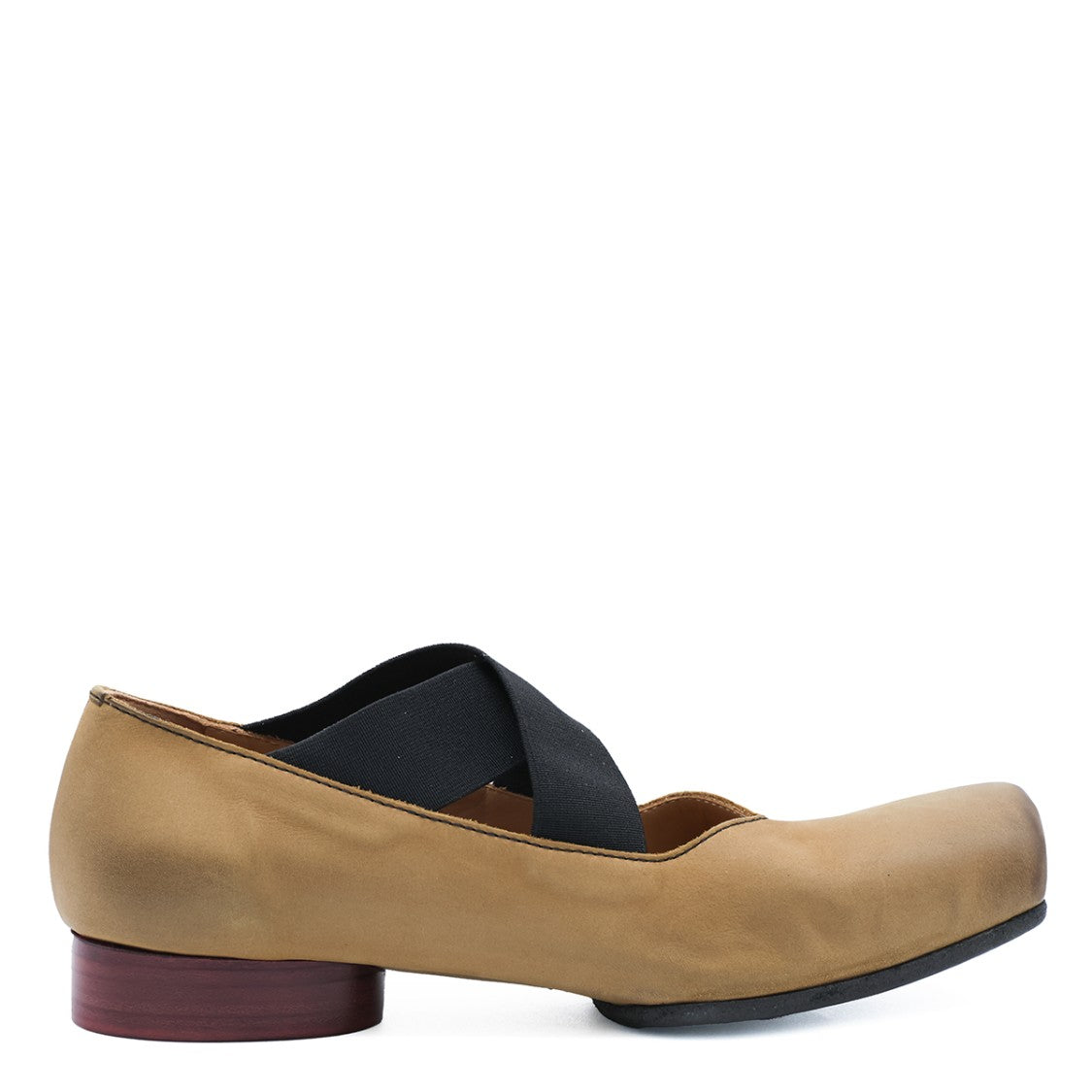 Uma Wang Mustard Red Leather Elastic Strap Low Block Heel Pumps