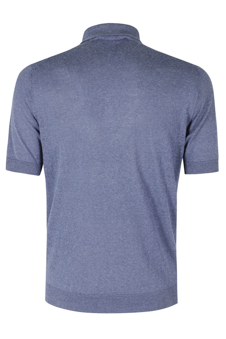 Filippo De Laurentiis Denim Micro-Braid Ribbed-Trim Silk-Blend Polo Shirt
