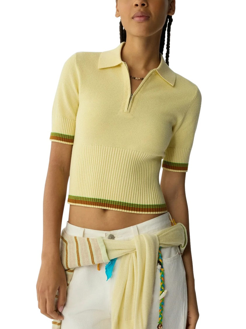 Guest In Residence Cropped Zip-Up Polo With Ribbed Texture