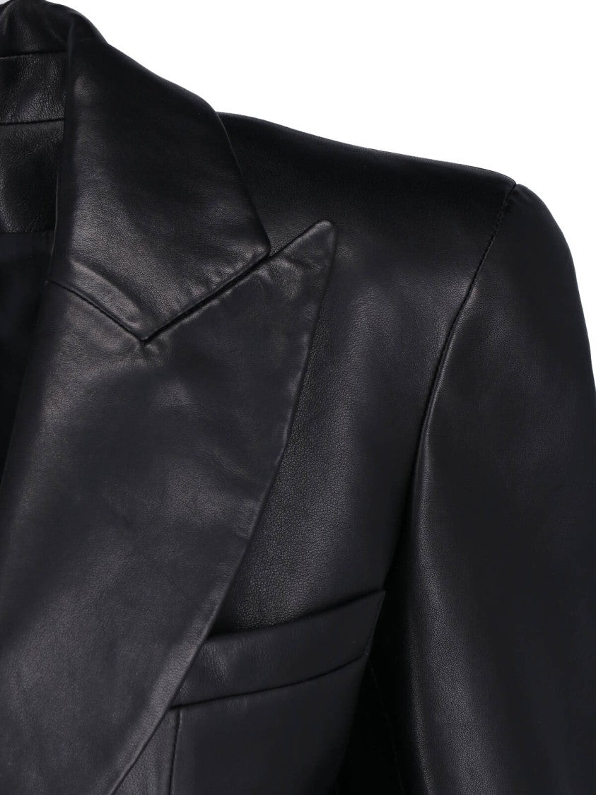 Balmain Black Lambskin Leather Blazer With Classic Notch Lapel