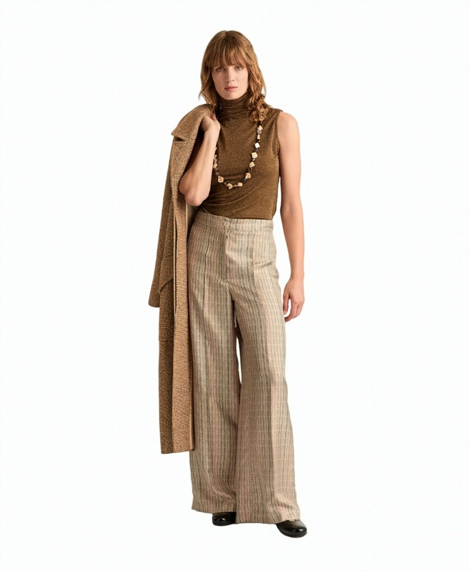 Momonì Printed Pure Silk Twill Mother-Of-Pearl Wide-Leg Trousers