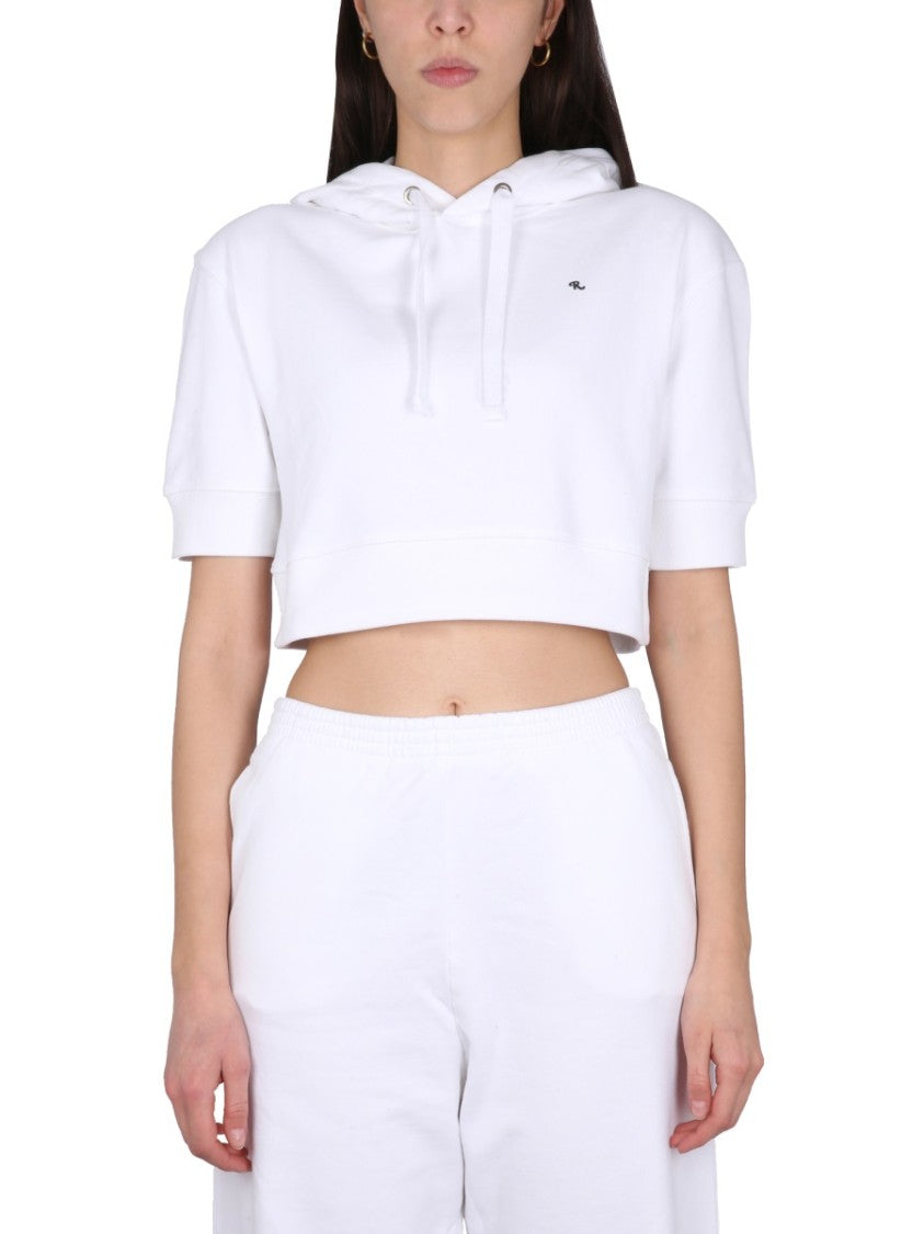 Raf Simons Cropped White Sweatshirt With Drawstring Hood