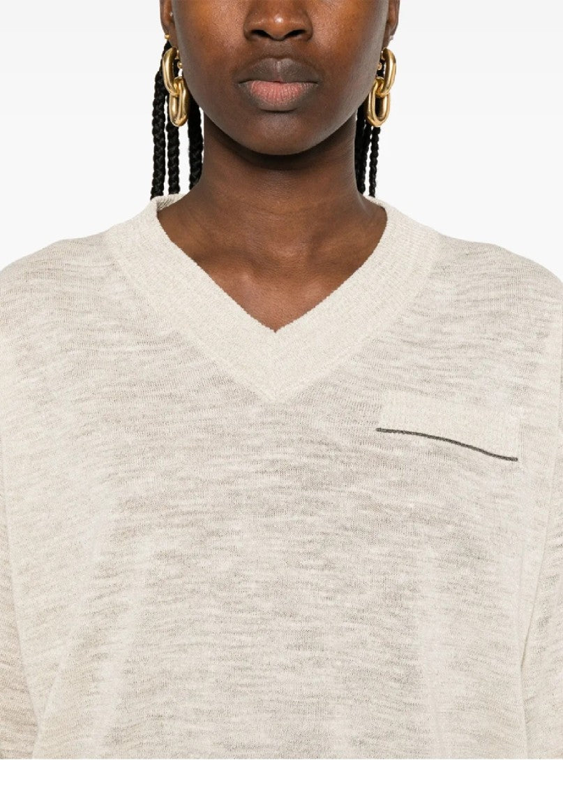 Brunello Cucinelli Soft Heathered V-Neck Sweater With Subtle Pocket Detail
