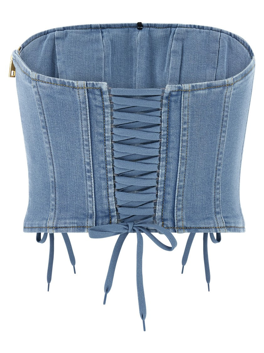 Elisabetta Franchi Denim Bustier Top With Criss-Cross Laces And Contrast Stitching
