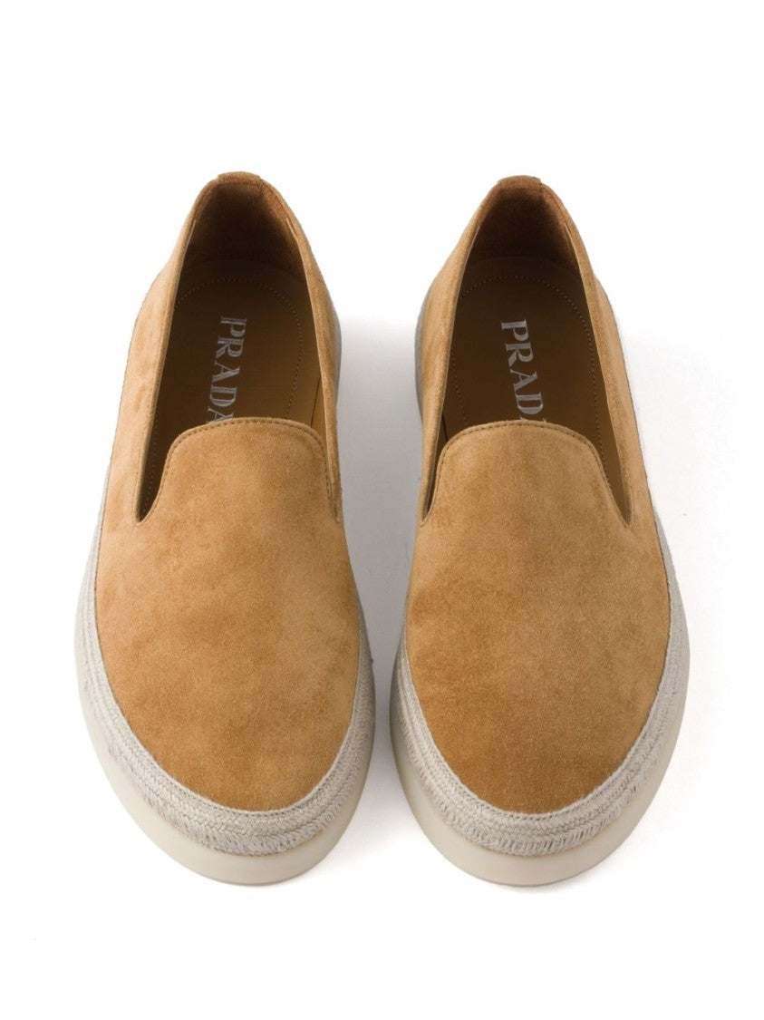 Prada Brown Suede Slip-On Flat Shoes With Textured Sole