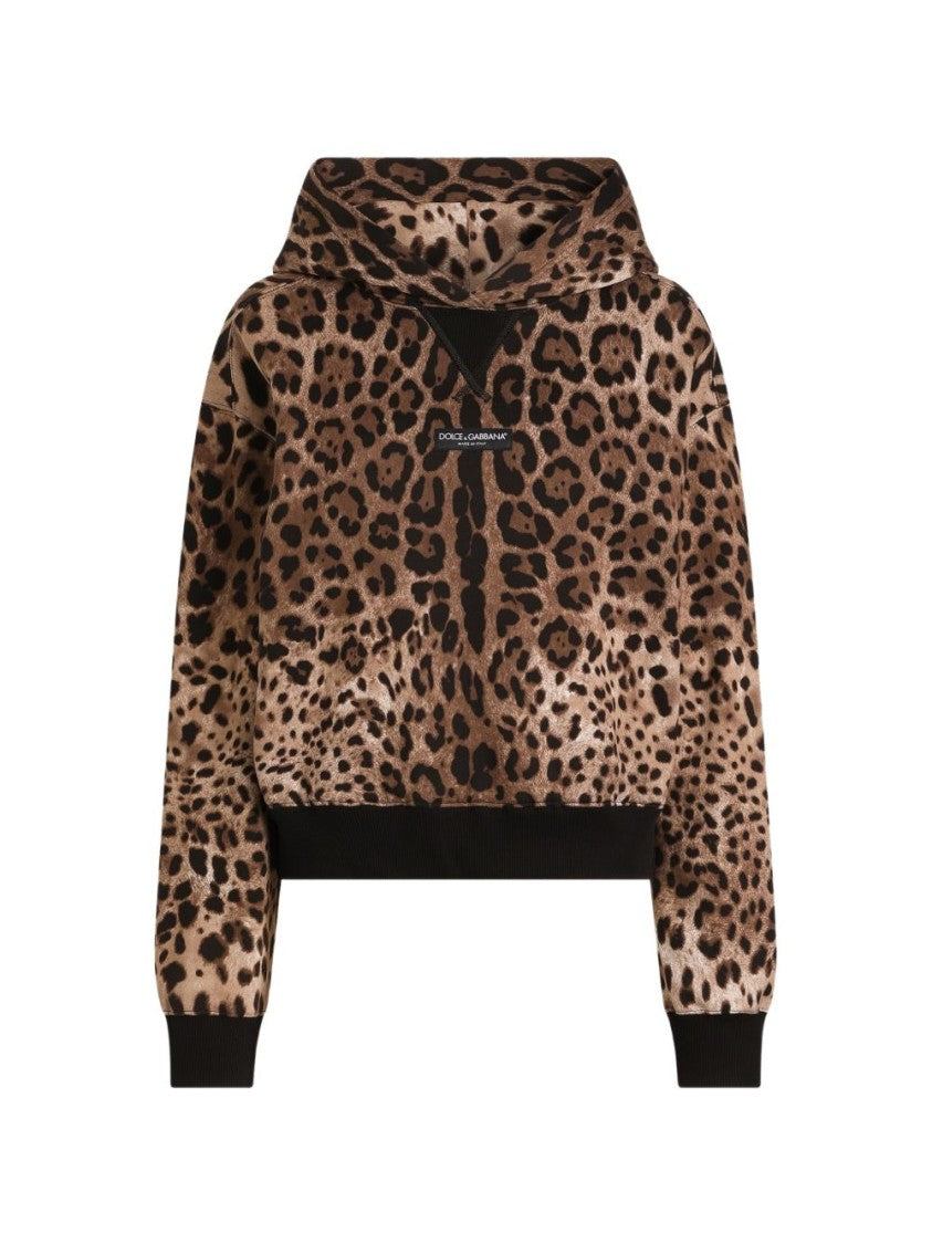 Dolce & Gabbana Cropped Leopard Print Hooded Ribbed Sweatshirt