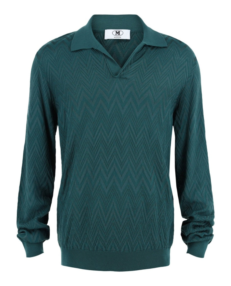 M Missoni Textured Zig Zag Knit Polo Shirt With V-Neck