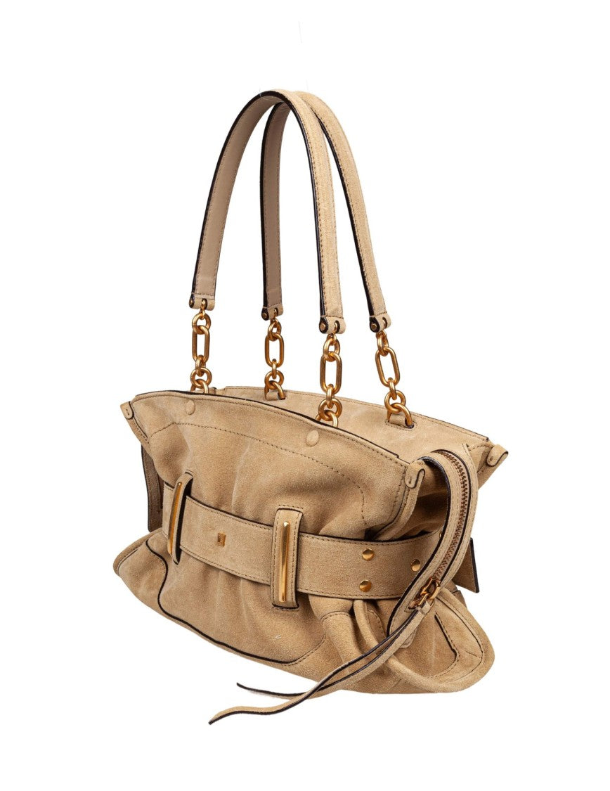 Balmain Anthem Beige Suede Shoulder Bag