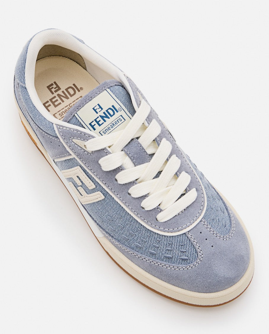 Fendi Denim And Leather Trainers With Embossed Logo