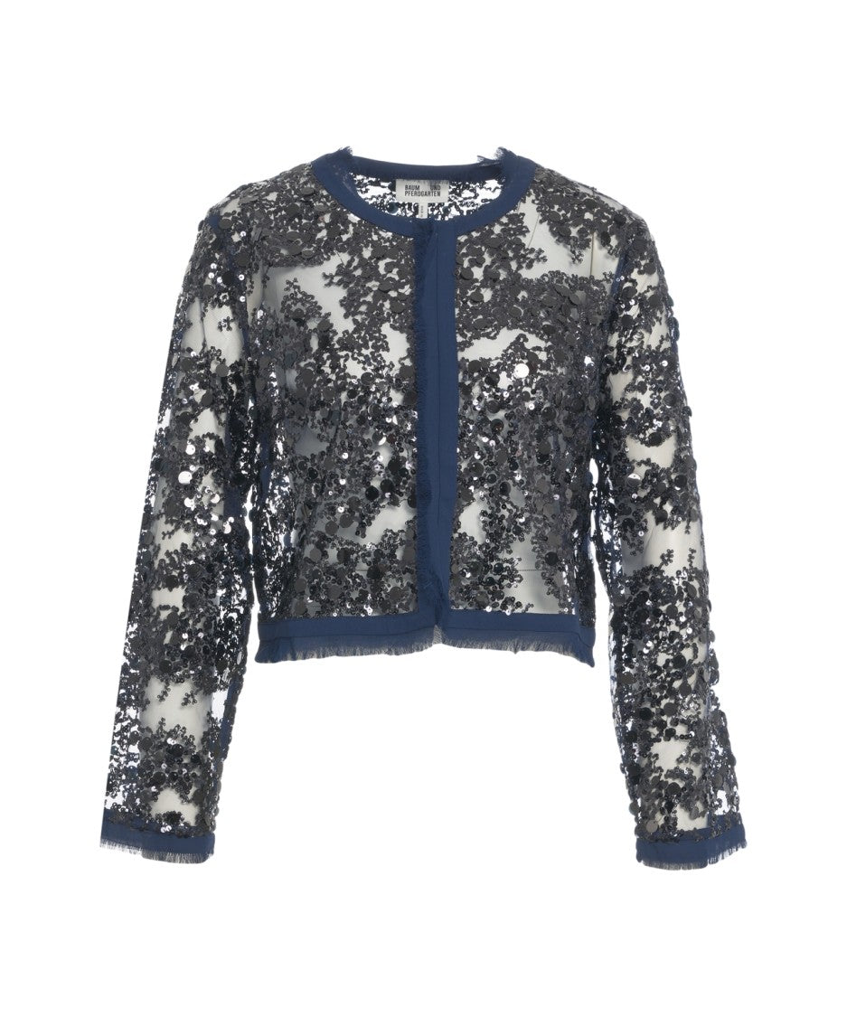 Baum Und Pferdgarten Cropped Sequin Jacket With Elegant Round Neckline And Sparkling Detail
