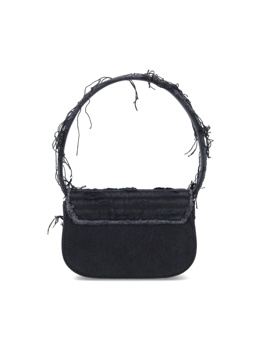 Diesel Quilted Black Cotton Shoulder Bag With Fringe And Rhinestone Details