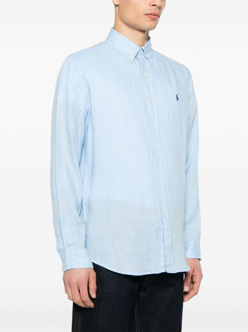 Polo Ralph Lauren Clear Blue Linen Shirt With Classic Button-Down Collar