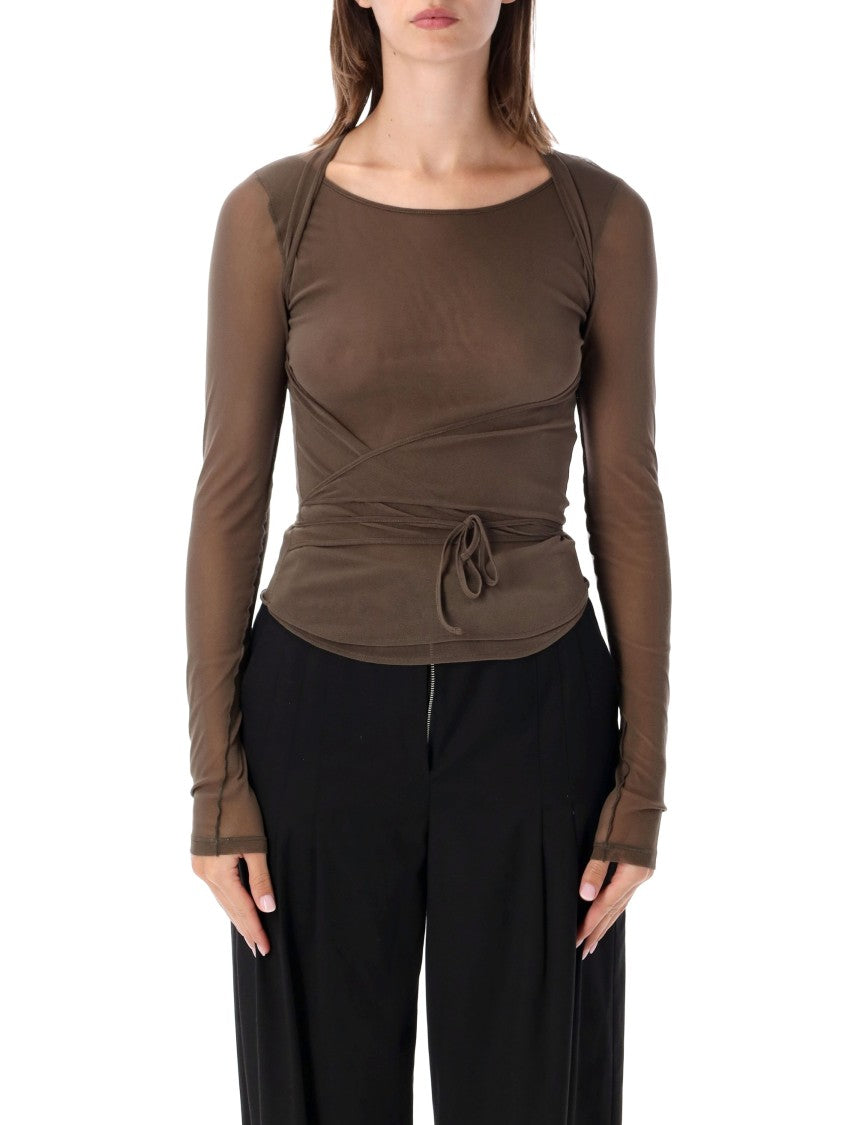 Lemaire Ballerina Wrap Sheer Mesh Jersey Long-Sleeve Top