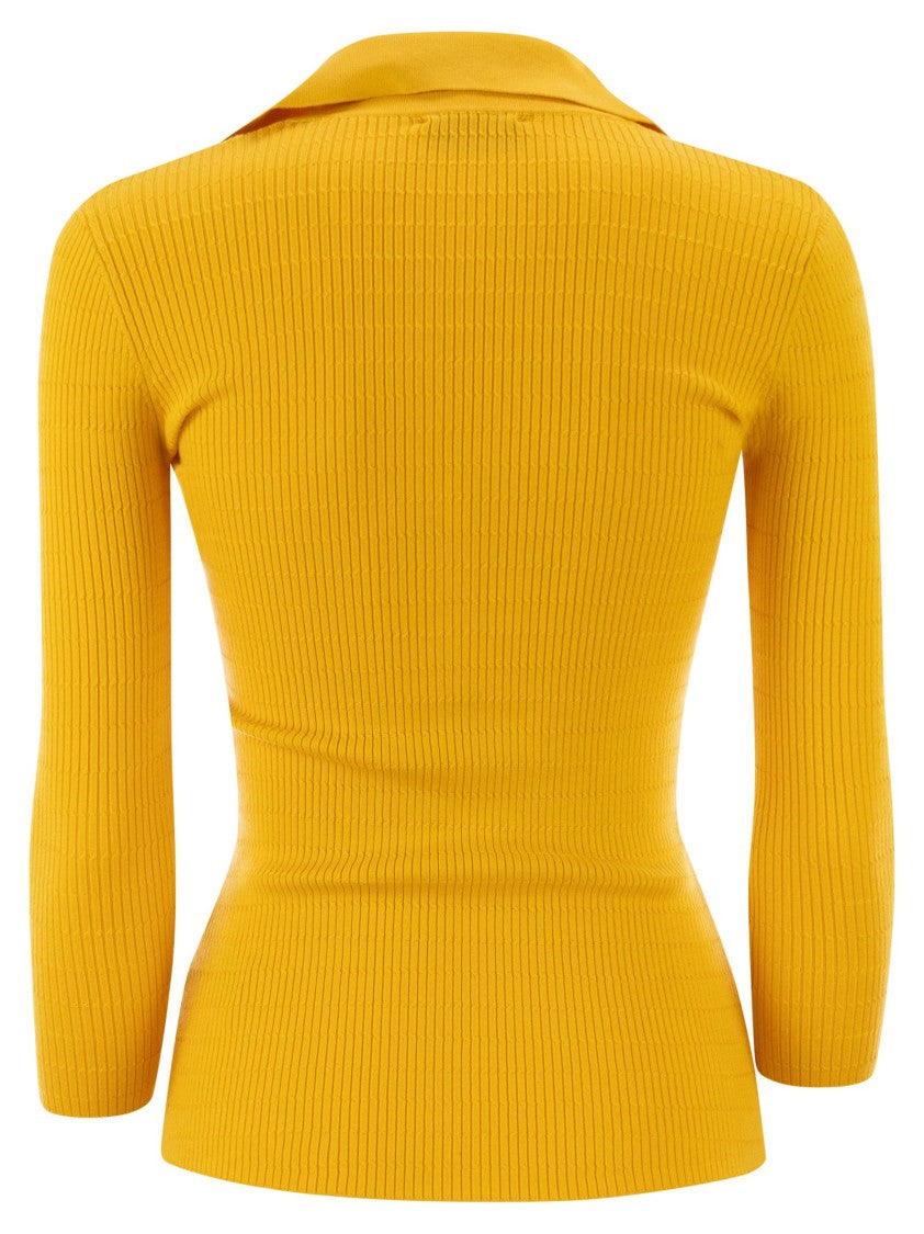 Elisabetta Franchi Micro-Braided Long-Sleeved Polo Shirt With Gold Accents