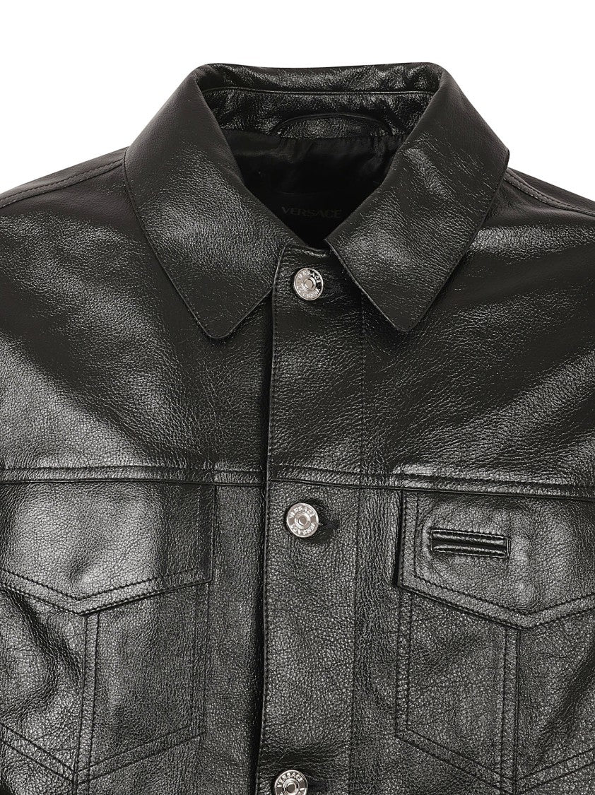 Versace Contrasting Black Leather And Textured Fabric Coat