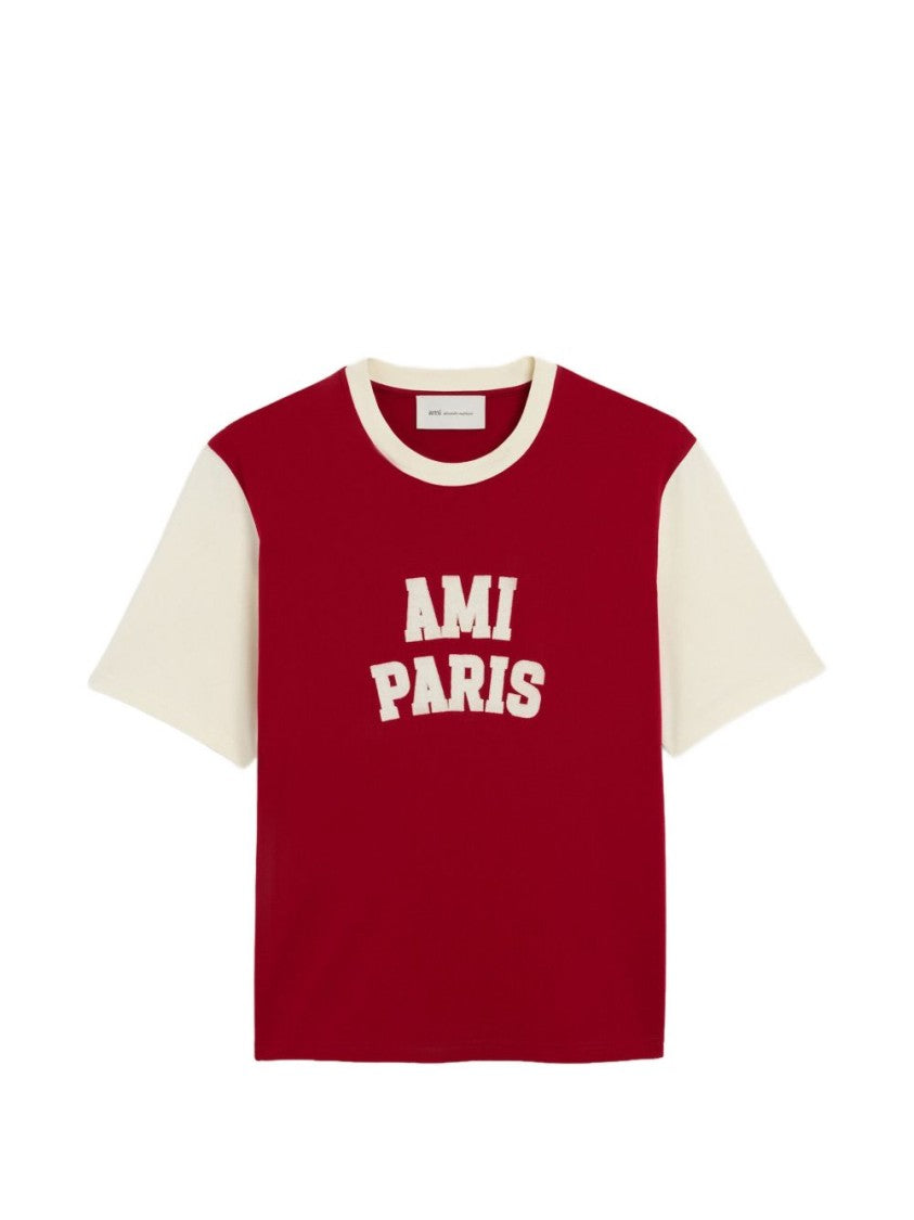 Ami Paris Burgundy Jersey T-Shirt With Cream Color-Block Design