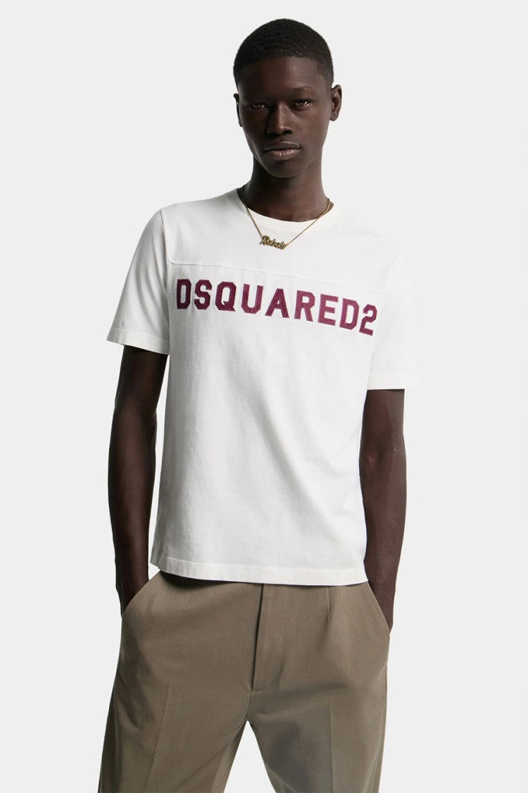 Dsquared2 White Burgundy Logo Printed Cotton T-Shirt