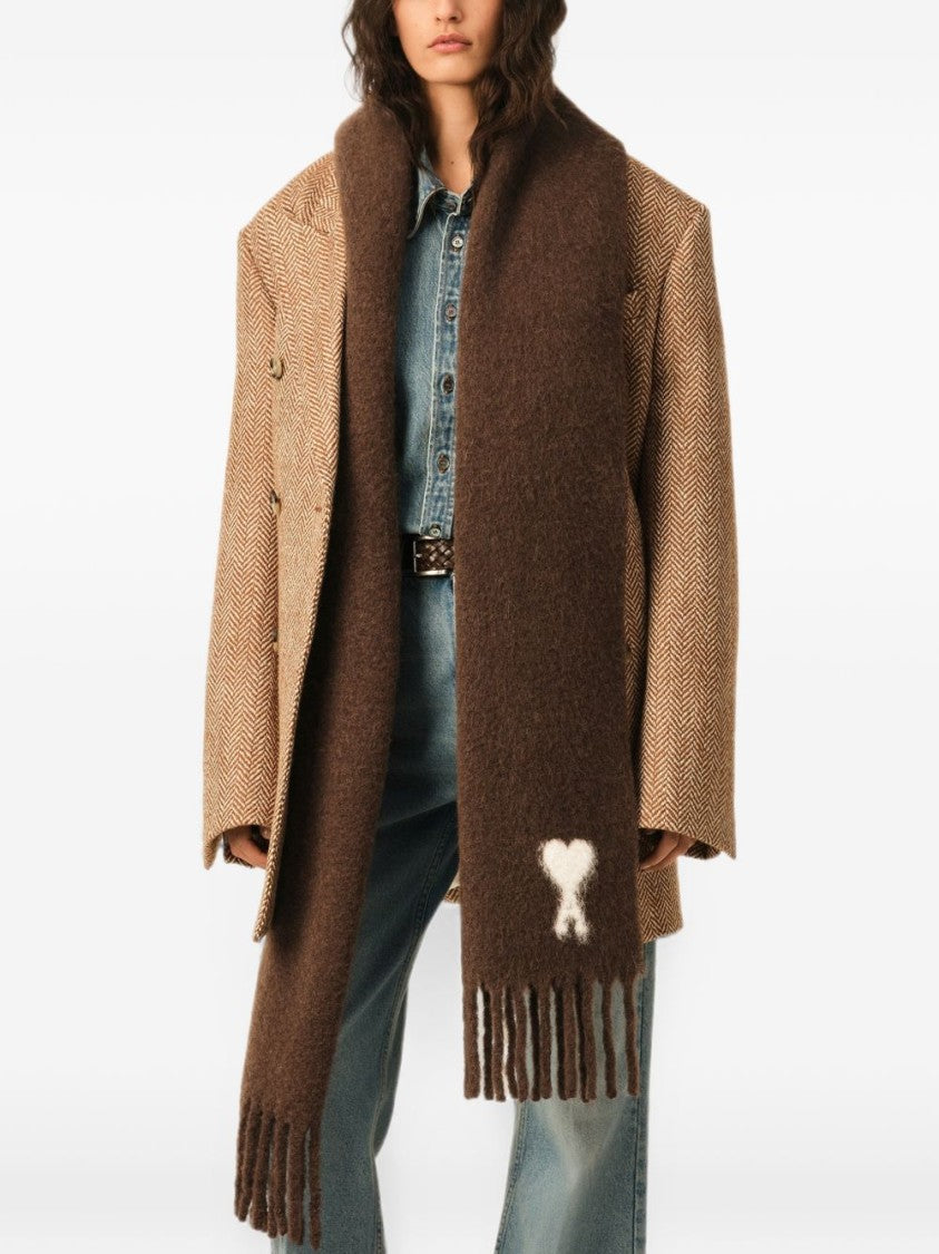 Ami Paris Brown Fringed Silk-Nylon Scarf