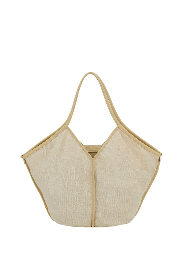 Hereu Cream White Linen Tote Bag With Leather Details
